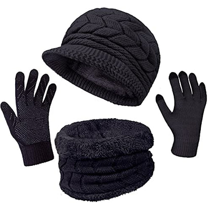 Loritta 3 in 1 Womens Winter Hat Gloves Scarf Set, Warm Hat Mittens - color: A-black