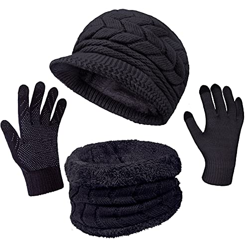 Loritta 3 in 1 Womens Winter Hat Gloves Scarf Set, Warm Hat Mittens - color: A-black