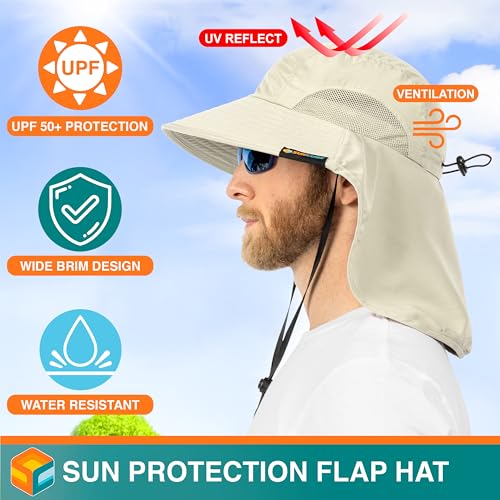SUN CUBE Wide Brim Sun Hat with Neck Flap for Men Women, UPF50+ Fishing - color: Beige