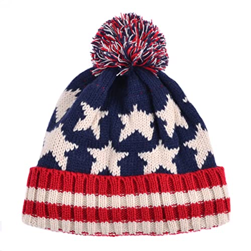 Parquet American Flag Knit Pom Beanie Ski Hat with Stars - size: Small-Medium