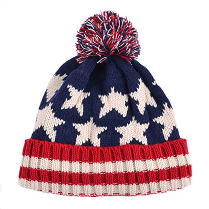 Parquet American Flag Knit Pom Beanie Ski Hat with Stars - size: Small-Medium