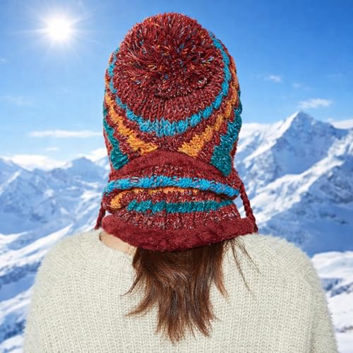 HUAMULAN Women Winter Knit Beanie Hat Circle Scarf Set Pompoms Ear Flaps - color: Red