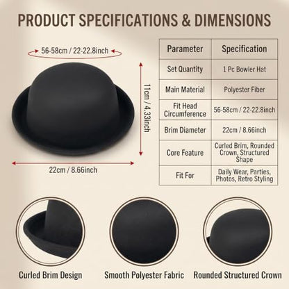 Rolled Brim Bowler Hat Soft Cotton Felt Round Hat Black