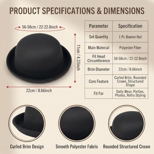Rolled Brim Bowler Hat Soft Cotton Felt Round Hat Black