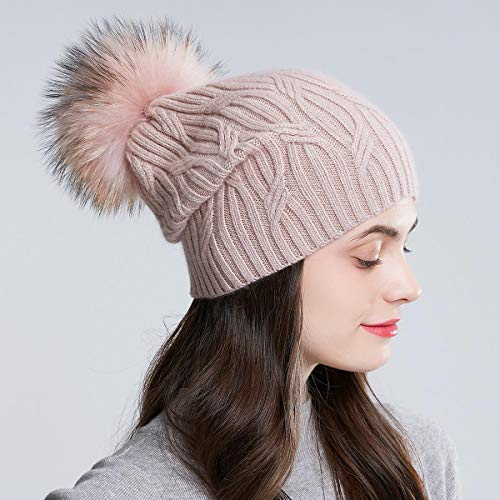 Women's Knitted Angora Wool Hat for Autumn and Winter Warm and Stylish with Rolled Brim and Slanted Rhinestones Cap - color: Logo-pink&pink Fur Pompom