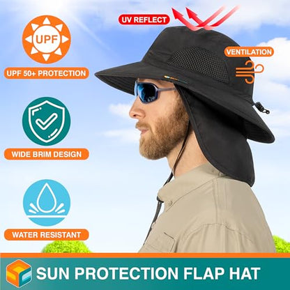 SUN CUBE Wide Brim Sun Hat for Men & Women, UPF 50+ UV Protection, Mesh Boonie Hat with Chin Strap, Fishing Hiking Hat - color: Black With Flap