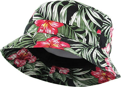 Floral Galaxy Leaf Aztec Tropical Print Bucket Hat Summer Boonie Cap - color: Black/Red Floral