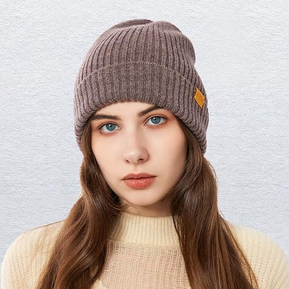 100% Merino Wool Cuff Beanie Hat, Unisex Warm Winter Caps Soft, Breathable & Cozy Stretchy Knitted Cuffed Cap - color: Light Coffee
