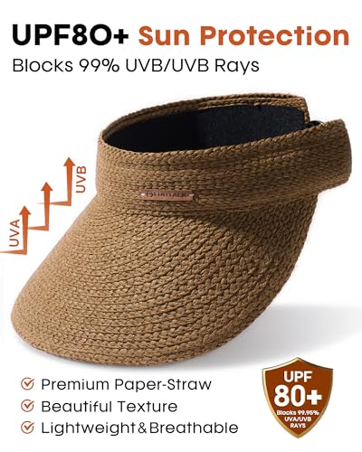 FURTALK Sun Visors for Women Straw Summer Hat Packable Wide Brim Beach Cap - color: Brown