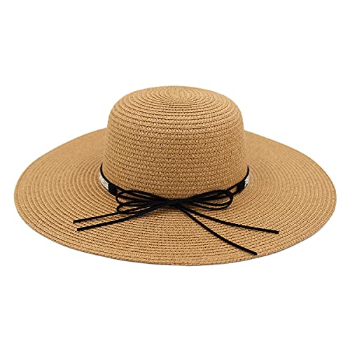 4.5" Wide Brim Foldable UPF50 Rhinestone Trim Floppy Summer Straw Sun Beach Hat - color: Tan