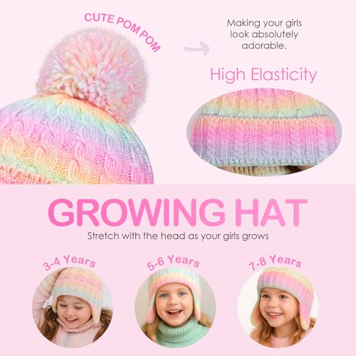 Girls Rainbow Earflap Beanie, Kids Pom Pom Knit Winter Ski Hat Ages 3-8 - color: Pompom - Rainbow