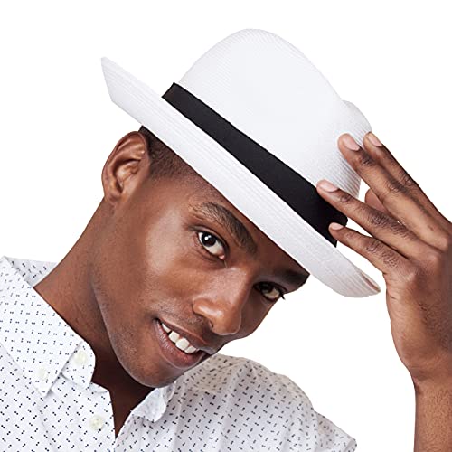 Pineapple&Star Genoa Fedora Bucket Sun Straw Beach Hat Fine Braid UPF50+ Unisex - color: White_bowbk, size: Small