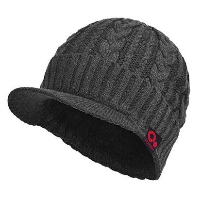 Winter Visor Beanie Brimmed Baseball Cap Fleece Lined Cable Knitted Billed Hat - color: Grey