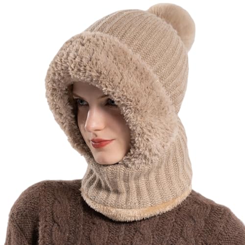 HUAMULAN Women Winter Knit Beanie Hats One Piece Fleece Lined Balaclavas - color: Khaki + Faux Fur