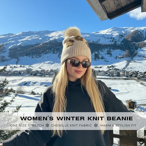 Funky Junque Beanie for Women Ultra Soft Chenille Faux Fur Pom Pom Winter Hats Warm Ski Cap Fashion - color: Daisy - Beige