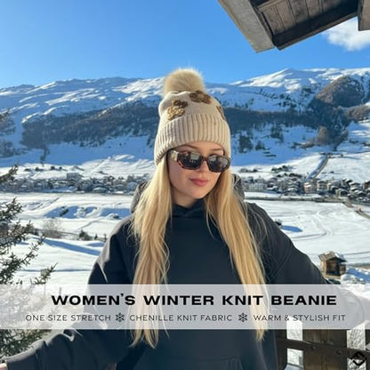 Funky Junque Beanie for Women Ultra Soft Chenille Faux Fur Pom Pom Winter Hats Warm Ski Cap Fashion - color: Daisy - Beige
