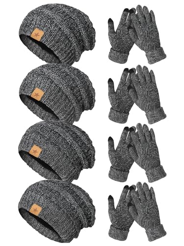 JaGely 8 Pieces Women Winter Hats and Gloves Set Women Warm Touchscreen Knitted Lined Gloves Winter Beanies - color: Mixed Black White
