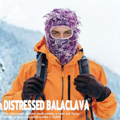 Distressed Ski Mask Balaclava, Yeat Shiesty Knitted Full-Face Mask - color: Camopurple
