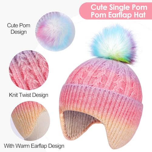 Toddler Earflap Beanie Hat with Rainbow Pom for Little Girls Knitted Beanies Kids Winter Skiing Caps Age 3-8 - color: Rainbow 02