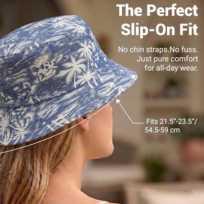ZLYC Printed Bucket Hat for Women Men Packable Summer Sun Hat for Beach - color: Palm Tree Blue