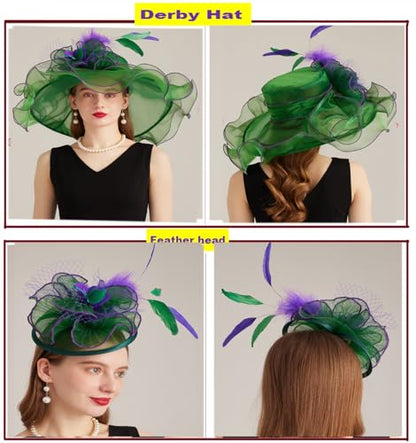 Women Derby Church Hat Organza Flower Wedding Tea Party Fascinator Wide Brim Sun Hat - color: 11-dark Green