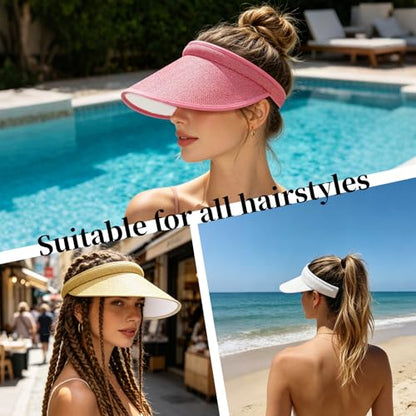 Women's Sun Visor Hats, 4 Pack Wide Brim UV Protection Empty Top Linen Visors Clip-on Headband Style Beach Hats for Women - color: White, Pink, Purple, Light Yellow