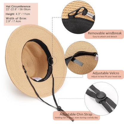 DRESHOW Women Straw Panama Hat Travel Fedora Beach Sun Hat Summer Wide Brim Straw Roll up Hat UPF 50+ - color: Panama Straw Hat: Khaki (Beige Ribbon)