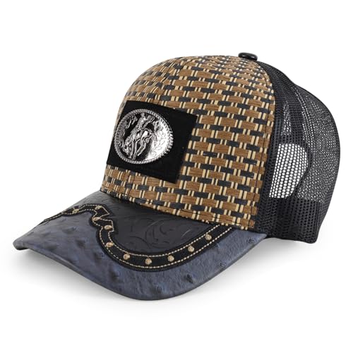 Straw Design Metallic Rodeo Cowboy Horse Metal Logo Trucker Mesh Baseball Cap - color: Charcoal/Black