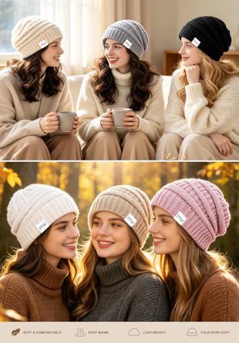 FEQO 6 Pack Satin Lined Beanies Slouchy Beanie Oversized Cable Knit Caps - color: Black, Light Grey, Beige, Oatmeal, White, Pink