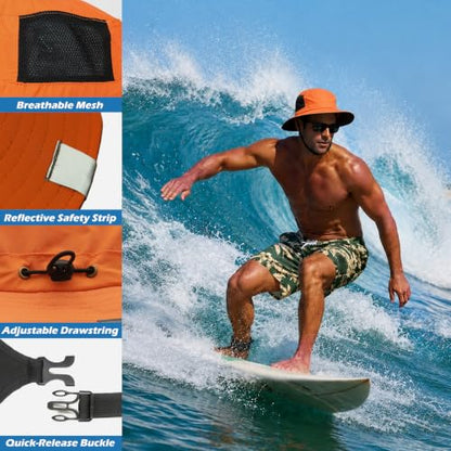 Surblue Surf Bucket Hat with Widened Chin Straps UPF 50+ Windproof Sun Hat Adjustable Packable Cap for Water Sports Surfing - color: Orange
