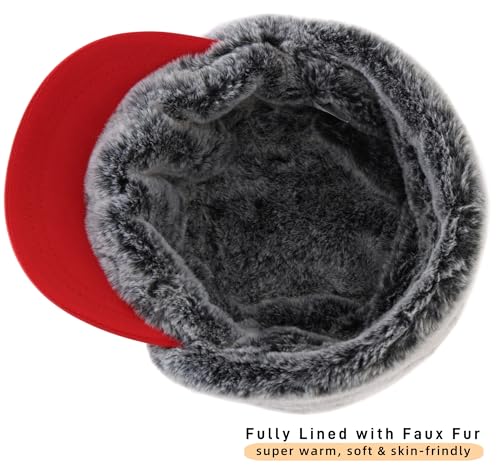 Connectyle Men's Winter Hat with Visor Warm Earflaps Hat Fully Lined Faux Fur Baseball Cap Trapper Hunting Hats - color: Red