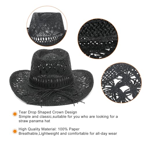 GEMVIE Men & Women's Summer Cowboy Cowgirl Straw Hat Hollow Out Style Roll Up Brim Cowboy Sun Hat - color: Black