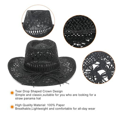 GEMVIE Men & Women's Summer Cowboy Cowgirl Straw Hat Hollow Out Style Roll Up Brim Cowboy Sun Hat - color: Black