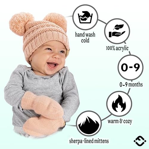 Funky Junque Baby Double Faux Fur Pom Pom Beanie & Mittens Set – Newborn Infant 0–9 Months Winter Hat with Soft Lined Mittens - color: Indi Pink (0-9 Months)