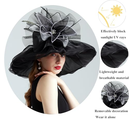 Women Organza Derby Hat Fascinator Tea Party Wedding Church Derby Hat Fascinator Hats Dual-use - color: 02a Black