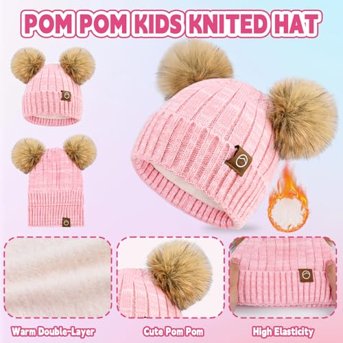 Kids Winter Hat Gloves Scarf Set Girls, Children Beanies Hats with Pom Pom - color: Pink Mix