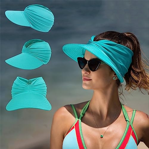 Sun Hat Women Beach Visor Cap UV Protection with Wide Brim Packable Summer Sport Ponytail Sun Cap - color: Lake Blue