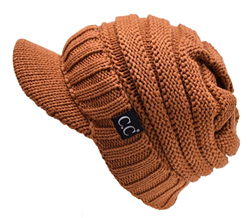 C.C Trendy Warm Oversized Chunky Soft Oversized Ribbed Slouchy Knit Hat with Visor Brim - color: Clay