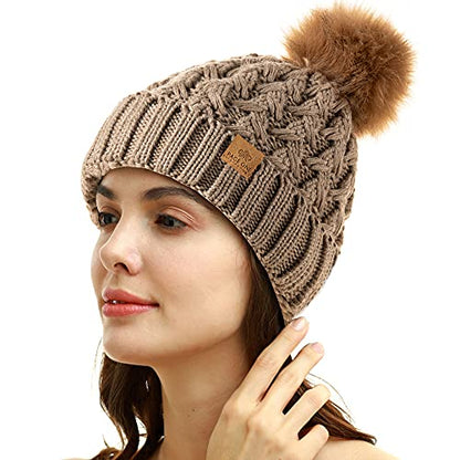 PAGE ONE Womens Winter Ribbed Beanie Crossed Cap Chunky Cable Knit Pompom Soft Warm Hat - color: Khaki