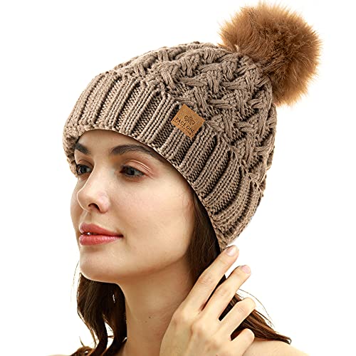 PAGE ONE Womens Winter Ribbed Beanie Crossed Cap Chunky Cable Knit Pompom Soft Warm Hat - color: Khaki