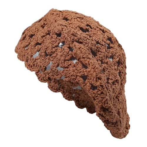 ZLYC Women Cotton Slouchy Crochet Beret Handmade Cutout Floral Beanie Hat - color: Khaki