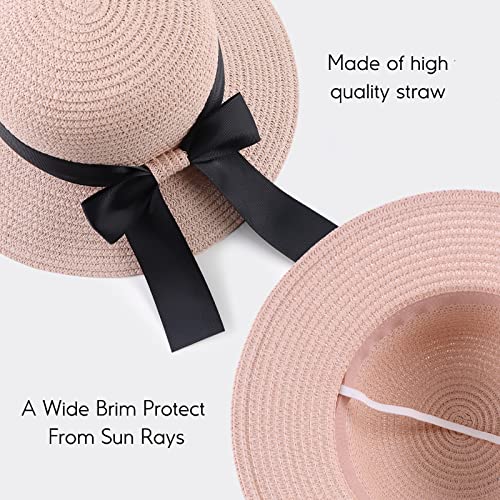 Zsedrut Women,Little Girls Straw Sun Hat Summer Beach Cap Foldable Visor Floppy Hats Wide Brim with Bowknot - color: Pink, size: 2-4T