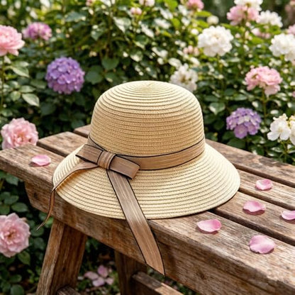 Summer Little Girl Kids Breathable Straw Hat Foldable UV Protection Bowknot Wide Brim Floppy Beach Sun Visor Hats - color: Beige