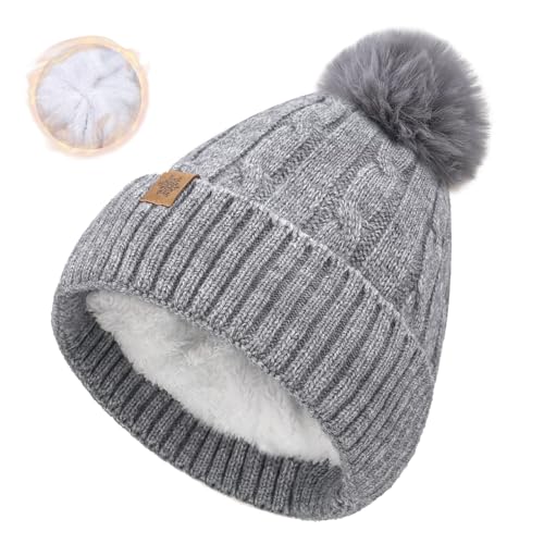 Winter Beanie Hats for Women Pom Pom Wool Cable Knit Thermal Fleece Warm Faux Fur Beanies for Cold Weather - color: Grey