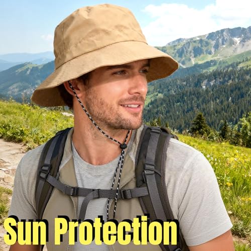 PFFY Packable Sun Bucket Hat for Men Women Outdoor UV Protection Sun Hats - color: Khaki (More Loose)
