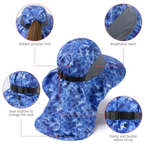 BASSDASH UPF 50+ Unisex Water Resistant Wide Brim Sun Hat with Large Neck Flap Ponytail Fishing Hat for Men Women - color: Blue Camo