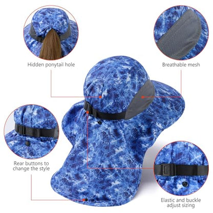 BASSDASH UPF 50+ Unisex Water Resistant Wide Brim Sun Hat with Large Neck Flap Ponytail Fishing Hat for Men Women - color: Blue Camo