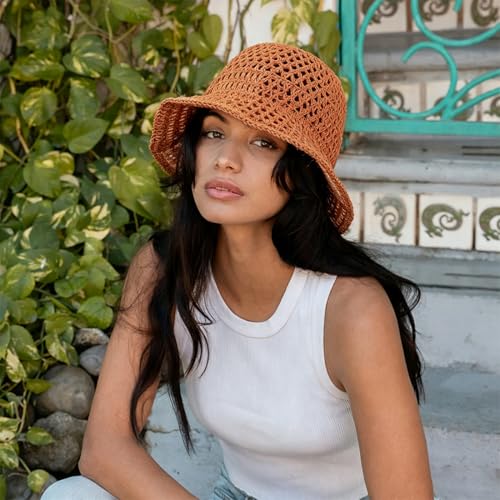 Women's Beach Bucket Hat Fisherman Cap Hollow Mesh Lightweight Breathable Sun Hat for Summer - color: Hollow Brown