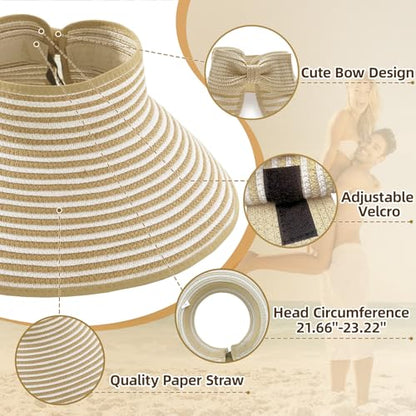 Sun Hats for Women Wide Brim Straw Sun Visors Ponytail Hat - color: Beige White Stripe