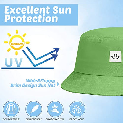 Kids Sun Hat Smile Face Bucket Hat for Girls Boys Summer Sun Protection Cotton Unisex Beach Cap - color: Green